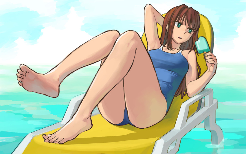 1girl aozaki_aoko aqua_eyes arm_up b_suke barefoot blue_one-piece_swimsuit breasts brown_hair chair food full_body holding holding_food holding_popsicle long_hair looking_to_the_side lounge_chair lying mahou_tsukai_no_yoru medium_breasts on_back one-piece_swimsuit outdoors parted_lips popsicle sky solo swimsuit water