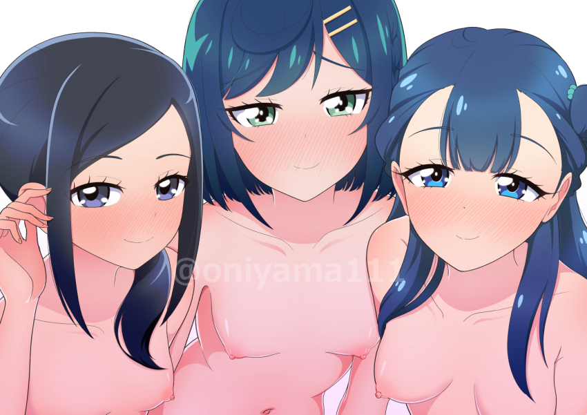 3girls black_hair blue_eyes blue_hair blush breasts collarbone commission delicious_party_precure fuwa_kokone green_eyes hair_bun hair_ornament hairclip healin&#039;_good_precure long_hair looking_at_viewer medium_breasts multiple_girls navel oniyama_(o2yama) ponytail precure sawaizumi_chiyu short_hair simple_background skeb_commission small_breasts smile twitter_username upper_body watermark white_background yakushiji_saaya