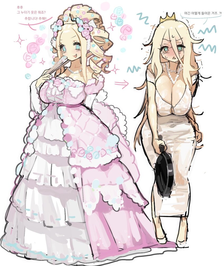 1girl :&lt; bare_shoulders blonde_hair blush breasts cleavage collarbone crown dress earrings eeeeee03714610 elbow_gloves flower full_body gloves hair_flower hair_ornament high_heels highres jewelry large_breasts long_hair mario_(series) messy_hair necklace nintendo off-shoulder_dress off_shoulder pearl_necklace princess_peach simple_background smile standing strapless strapless_dress tiara translation_request white_background white_dress
