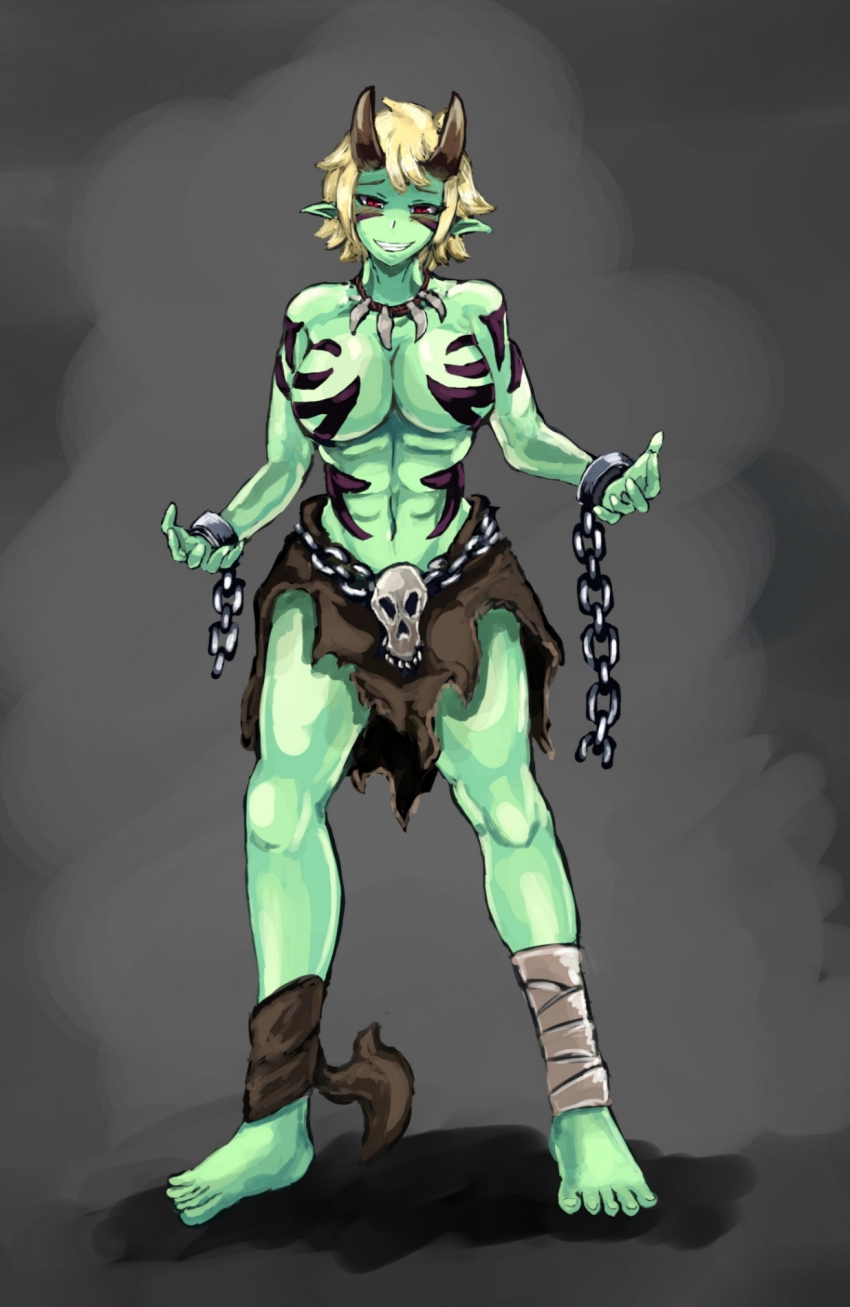 1girl abs barefoot black_background blonde_hair blush body_markings breast_tattoo breasts chain colored_skin cuffs facial_mark facial_tattoo green_skin grey_background highres horns jewelry large_breasts looking_at_viewer monster_girl monster_girl_encyclopedia muscular muscular_female necklace no_nipples ogre ogre_(monster_girl_encyclopedia) pointy_ears red_eyes restraints revealing_clothes shackle shackles shadow short_hair simple_background skull slit_pupils smile smirk tattoo thick_thighs thighs toned toned_female toned_stomach topless_female udetamago