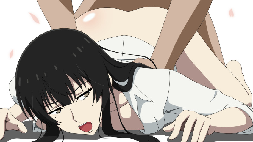 10s 1girl arched_back ass atelier_gons barefoot black_eyes black_hair bottomless breast_press breasts feet highres kujou_sakurako_(sakurako) large_breasts legs long_hair looking_at_viewer mole open_clothes open_mouth petals sakurako-san_no_ashimoto_ni_wa_shitai_ga_umatteiru sex simple_background solo_focus thighs top-down_bottom-up vaginal