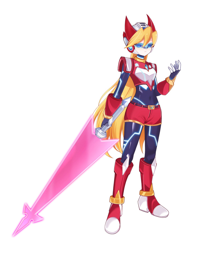 1girl absurdres aizeis alternate_costume alternate_hairstyle armored_boots belt belted_shorts biometal blonde_hair blue_eyes body_armor bodystocking boots breasts chest_jewel ciel_(mega_man) commission commissioner_upload covered_navel energy_sword forehead_jewel full_body gauntlets gloves glowing_lines glowing_markings hair_down helmet highres holding holding_sword holding_weapon knee_pads long_bangs long_hair mega_man_(series) mega_man_zero_(series) mega_man_zx model_o_(mega_man) non-web_source petite shoulder_pads small_breasts sword transparent_background weapon
