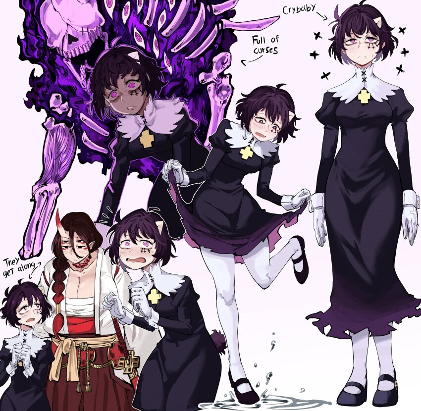 2girls absurdres antares_topaz black_dress breasts chest_sarashi cleavage dress extra_eyes full_body gloves highres horns multiple_girls multiple_views oni pantyhose purple_eyes purple_hair sarashi scorpio_(antares_topaz) shaded_face sheath sheathed single_horn skirt_hold standing star_(symbol) star_linker sword virgo_(antares_topaz) water weapon white_gloves white_pantyhose