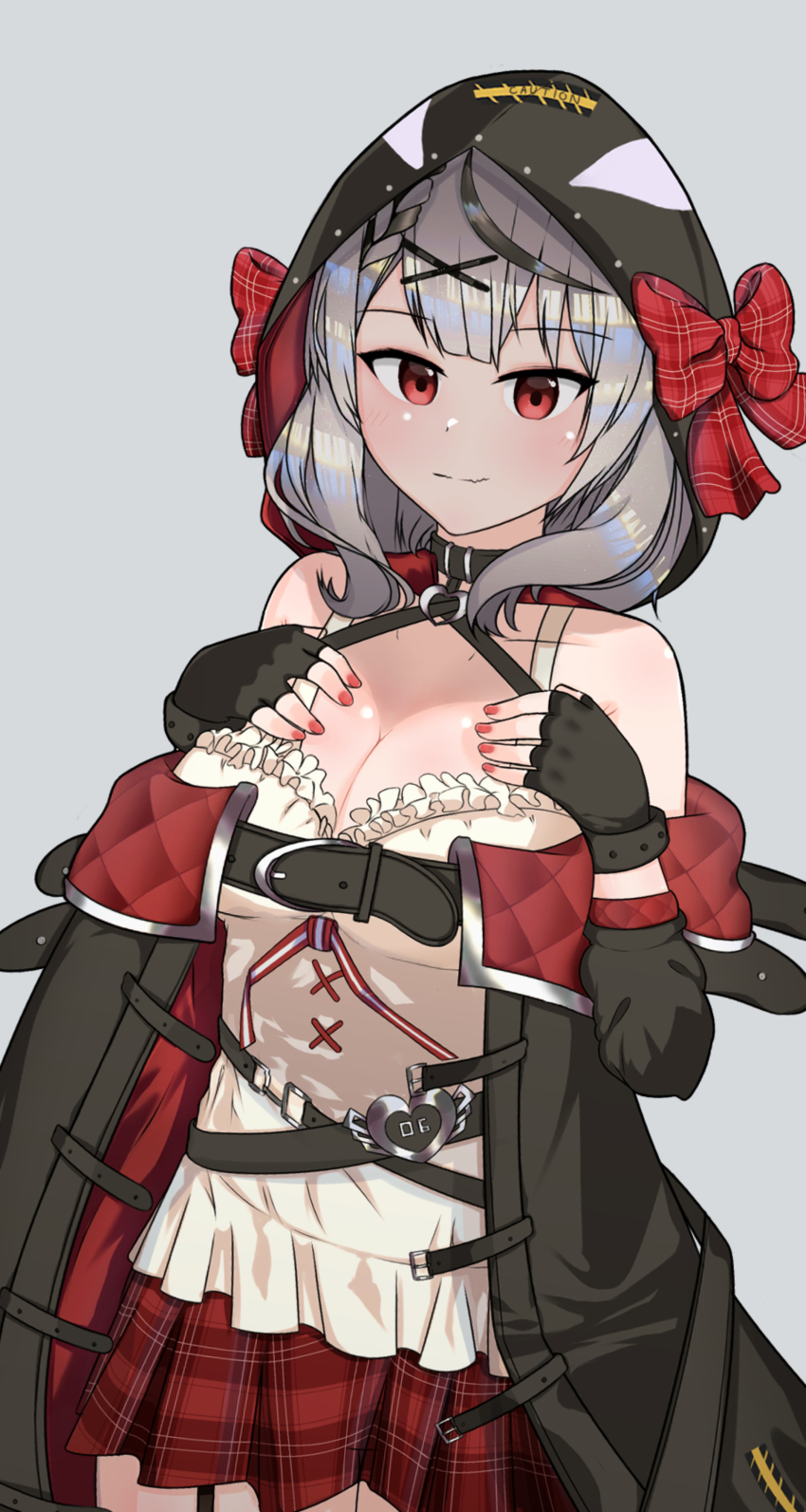 1girl absurdres bare_shoulders belt belt_buckle bow braid breasts buckle caution_tape cleavage collarbone fingerless_gloves garter_straps gloves grey_background grey_hair hair_ornament hairclip halterneck hands_on_own_chest hands_up highres hololive hood large_breasts looking_at_viewer off-shoulder_jacket off_shoulder plaid_clothes plaid_skirt red_eyes sakamata_chloe shoker sidelocks simple_background skirt smile solo spookm standing thighs virtual_youtuber
