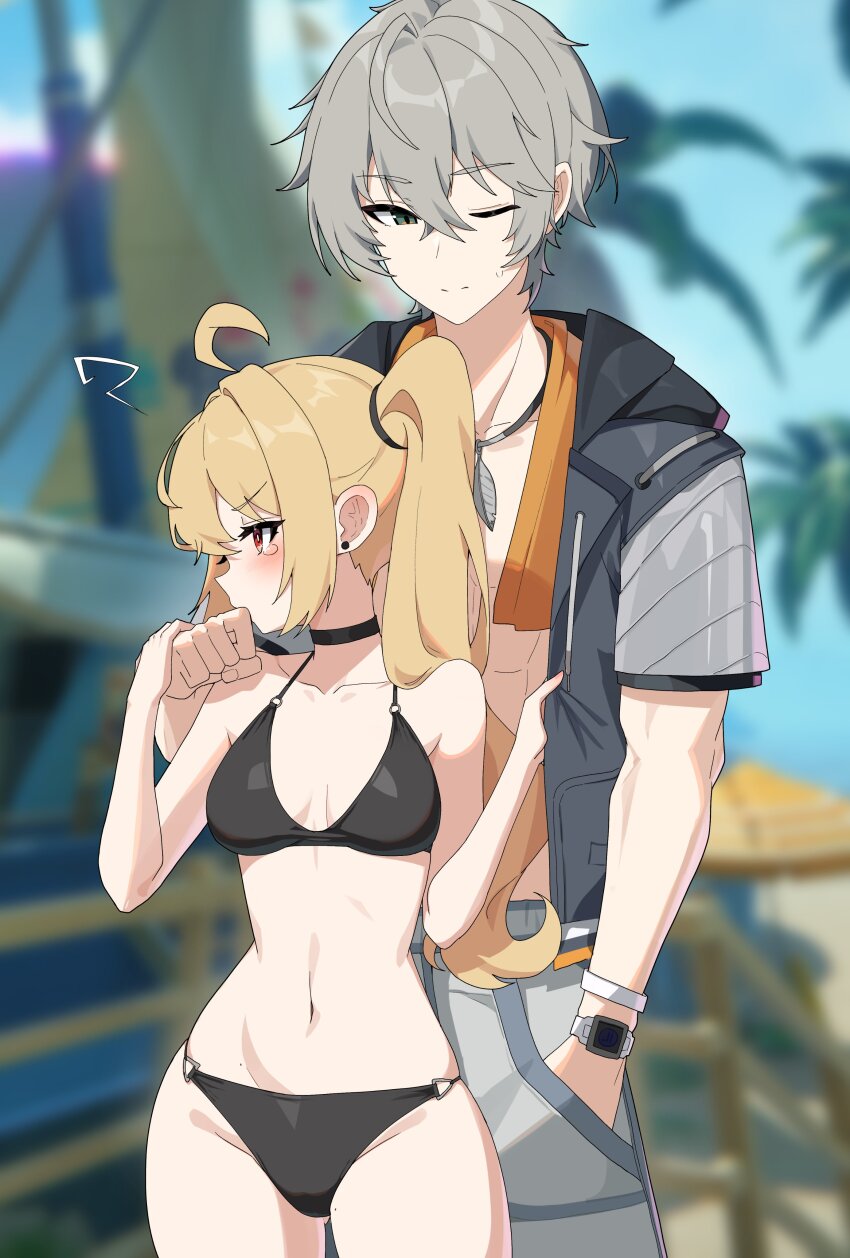1boy 1girl absurdres ahoge bikini black_bikini black_eyes black_jacket blonde_hair blurry blurry_background breasts commentary grey_hair hand_in_pocket height_difference highres jacket long_hair looking_to_the_side luciana_de_montefio medium_breasts navel one_eye_closed open_clothes open_jacket outdoors palm_tree red_eyes short_hair side_ponytail stomach swimsuit symbol-only_commentary tree w.k wise_(peaceful_waves)_(zenless_zone_zero) wise_(zenless_zone_zero) zenless_zone_zero