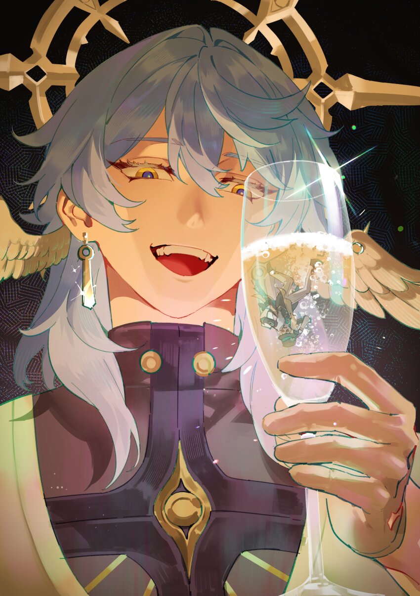 2boys absurdres alcohol aqua_shirt aventurine_(honkai:_star_rail) black_gloves champagne champagne_flute cup drinking_glass earrings evil_smile fur_trim gloves grey_hair halo halo_behind_head head_wings highres honkai:_star_rail honkai_(series) jewelry lynnear male_focus medium_hair multicolored_eyes multiple_boys piercing shirt smile sunday_(honkai:_star_rail) sweater_vest teeth upper_teeth_only white_gloves white_sweater_vest white_wings wing_piercing wings yellow_eyes