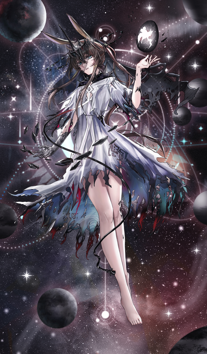 1girl absurdres amiya_(arknights) animal_ear_fluff animal_ears arknights barefoot blue_eyes brown_hair commentary_request cracked_egg dress egg full_body grey_dress hair_between_eyes hand_up highres looking_at_viewer material_growth minuolin oripathy_lesion_(arknights) parted_lips rabbit_ears solo space torn_clothes torn_dress
