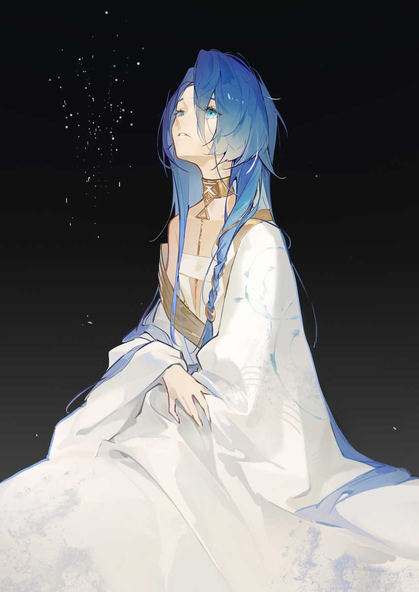 1girl 37_(reverse:1999) absurdres black_background blue_eyes blue_hair bukui_shi_wo gold_choker gradient_background hair_between_eyes highres long_hair looking_up parted_lips reverse:1999 robe single_bare_shoulder single_off_shoulder solo straight_hair upper_body very_long_hair white_robe