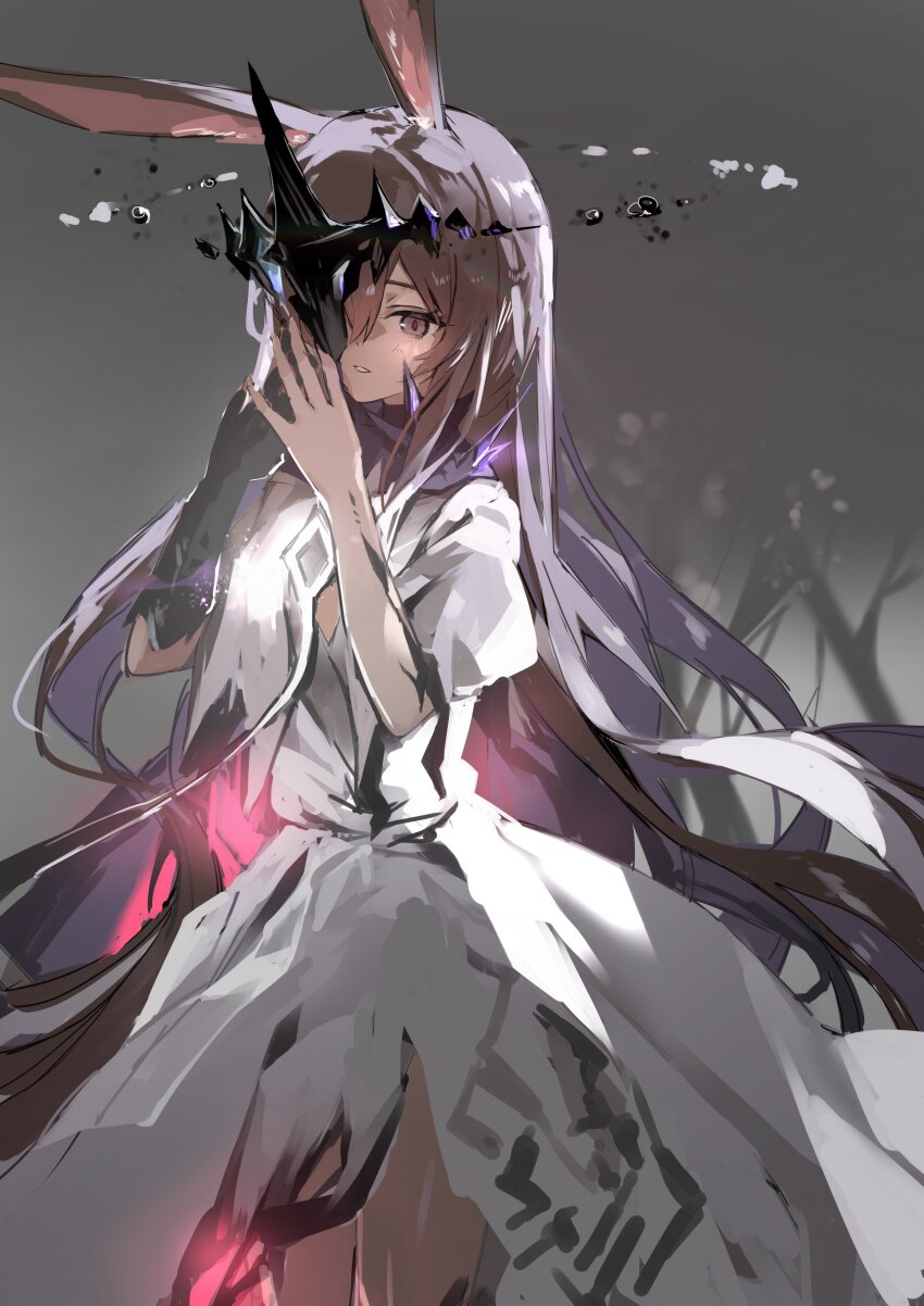 1girl absurdres amiya_(arknights) amiya_(demon_king)_(arknights) animal_ears arknights brown_hair dress grey_background highres koda24 long_hair rabbit_ears simple_background solo thighs white_dress