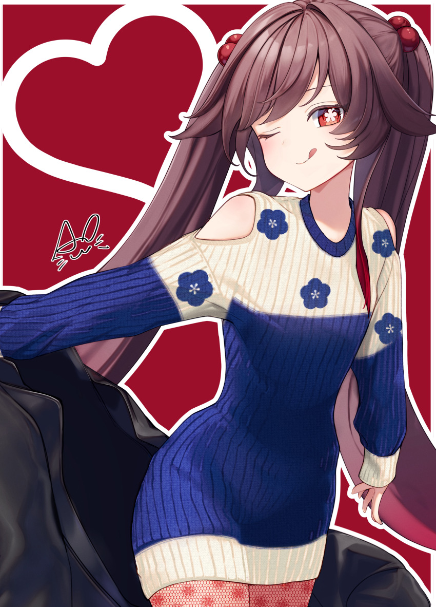 1girl :q absurdres alternate_costume asahi_(vjss4548) black_jacket blue_sweater blush brown_hair clothing_cutout fishnet_pantyhose fishnet_thighhighs fishnets flower-shaped_pupils genshin_impact hair_between_eyes hair_ornament highres hu_tao_(genshin_impact) jacket long_hair long_sleeves looking_at_viewer multicolored_sweater one_eye_closed pantyhose red_background red_eyes simple_background smile solo sweater symbol-shaped_pupils thighhighs tongue tongue_out twintails two-tone_sweater unworn_jacket very_long_hair