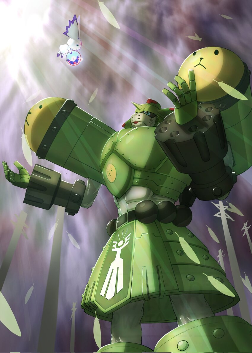 1boy armor cowboy_shot culumon digimon digimon_(creature) digimon_tamers floating green_armor head_wings highres horns light_rays mecha robot saintgalgomon single_horn wata_neji wings