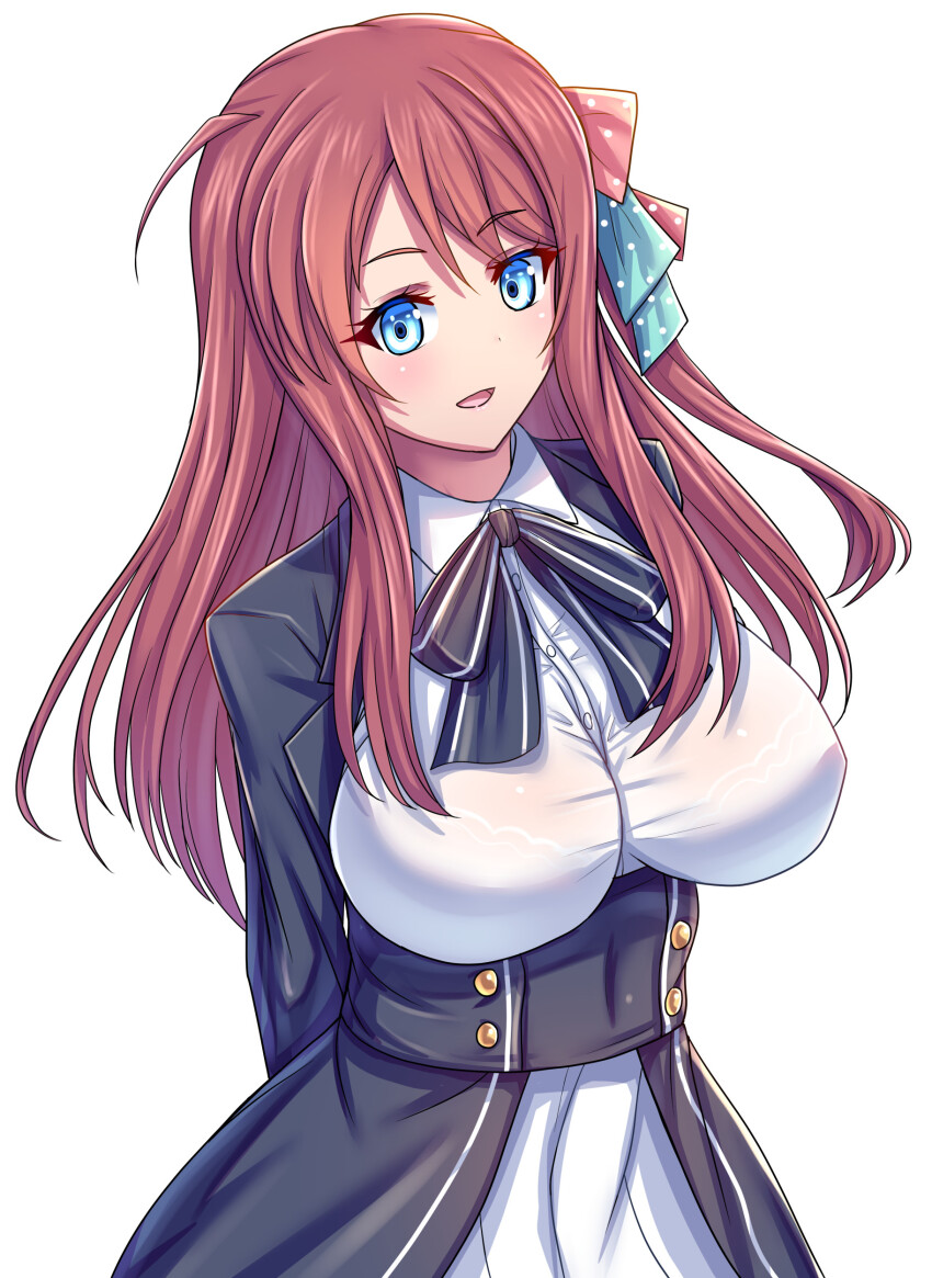 1girl :d absurdres arms_behind_back blue_bow blue_bowtie blue_eyes bow bowtie bra_visible_through_clothes breasts hair_ribbon highres large_breasts long_hair looking_at_viewer minamoto_sakura open_mouth polka_dot polka_dot_ribbon red_hair ribbon school_uniform see-through_clothes serafuku side_ahoge simple_background smile solo upper_body volk_(bo-tan) zombie_land_saga
