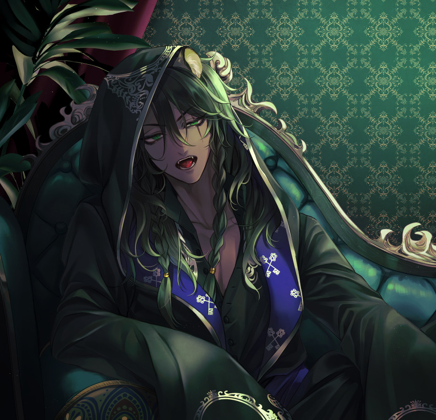1boy animal_ears black_robe braid chaise_longue commentary_request fangs green_background green_eyes green_hair highres indoors leona_kingscholar lion_boy lion_ears long_hair looking_at_viewer male_focus night_raven_college_ceremonial_robes redrabbit44 robe scar scar_across_eye scar_on_face sitting slit_pupils solo twin_braids twisted_wonderland upper_body