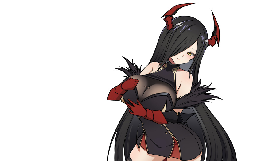 1girl azur_lane bare_shoulders black_dress black_hair breasts cleavage collarbone covered_collarbone dress friedrich_der_grosse_(azur_lane) gloves hair_over_one_eye highres horns large_breasts red_gloves rock_zinc see-through_cleavage see-through_clothes simple_background sleeveless sleeveless_dress solo white_background yellow_eyes