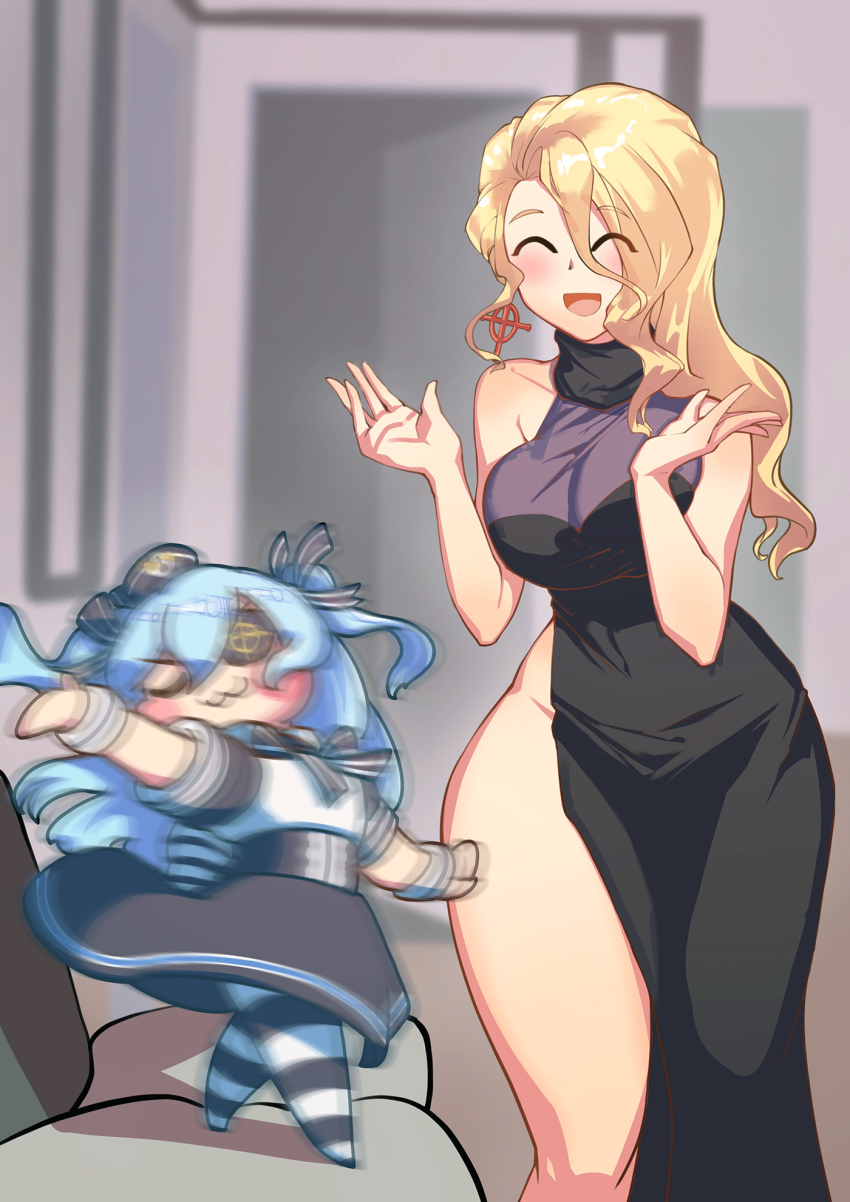 2girls :3 ^_^ amy_razor blonde_hair blue_hair blush blush_stickers breasts clapping closed_eyes dancing dress earrings eyepatch hair_between_eyes highres hoyo jalhanda_jalhanda_naesaekki!!!!!_(meme) jewelry large_breasts last_origin long_dress long_hair lrl_(last_origin) motion_blur multiple_girls open_mouth pantyhose print_eyepatch side_slit smile striped_clothes striped_legwear striped_pantyhose thick_thighs thighs two_side_up wide_hips
