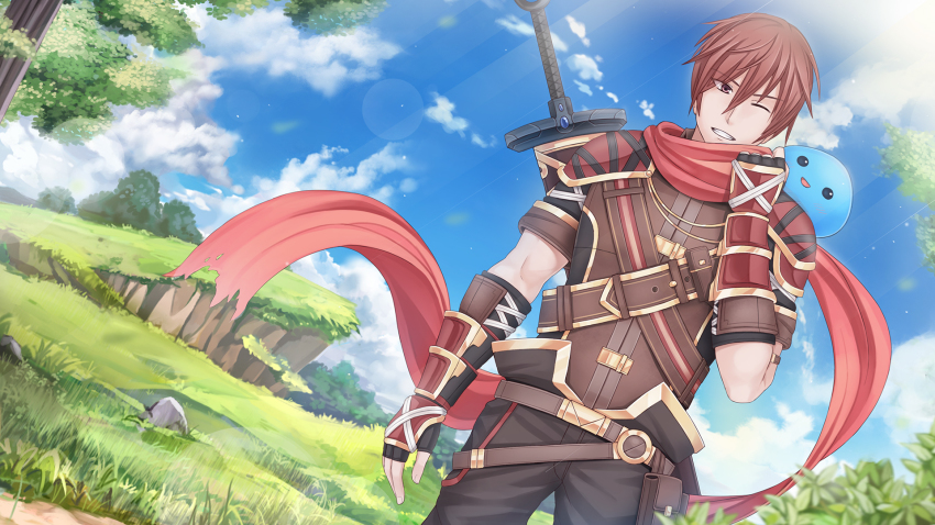 1boy armor belt belt_pouch black_eyes black_pants blue_sky blurry bokeh brown_eyes brown_hair cloud creature creature_on_shoulder crystalline day depth_of_field fingerless_gloves gauntlets gloves gold_trim grass hand_up hero_(crystalline) highres light_rays male_focus on_shoulder one_eye_closed outdoors pango_(crystalline) pants pauldrons pouch red_scarf scarf sheath sheathed short_hair short_sleeves shoulder_armor sky solid_circle_eyes sunbeam sunimu sunlight sword tree weapon