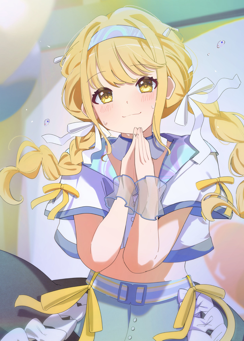 1girl :3 absurdres blonde_hair blue_hairband blurry blurry_background blush braid closed_mouth commentary cropped_jacket fujita_kotone gakuen_idolmaster green_skirt hairband highres idolmaster jacket looking_at_viewer low_twin_braids midriff official_alternate_costume ooho0216 sekaiichi_kawaii_watashi_(idolmaster) short-sleeved_jacket short_sleeves sidelocks skirt smile solo split_mouth twin_braids upper_body yellow_eyes