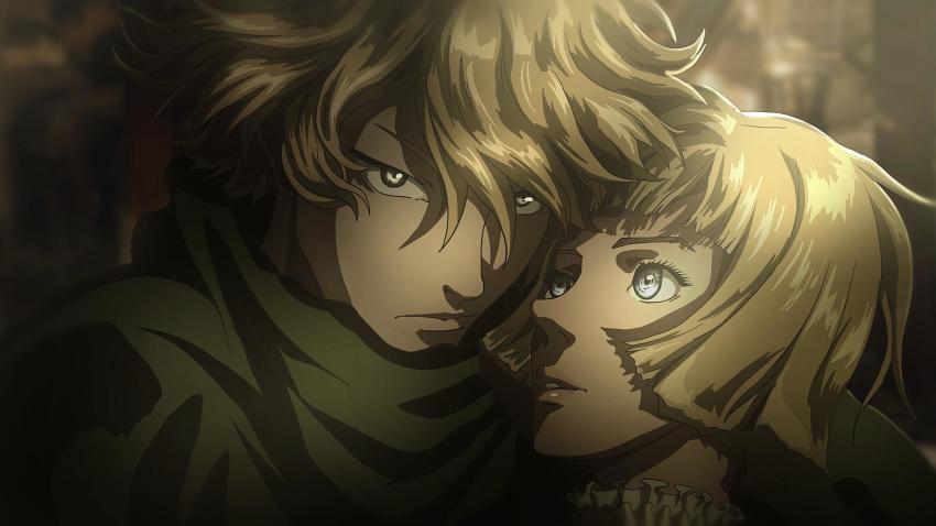 1boy 1girl berserk blonde_hair blue_eyes bob_cut brother_and_sister brown_hair cloak closed_mouth farnese_(berserk) green_cloak highres looking_at_another looking_at_viewer mark_reymer open_mouth parted_lips serpico_(berserk) short_hair siblings