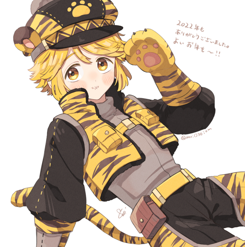 1boy alternate_costume animal_ears animal_hands animal_print black_pants blonde_hair cowboy_shot cropped_jacket crotchless crotchless_pants dated flat_cap hat highres identity_v looking_at_viewer male_focus moio3oiom pants puffy_sleeves sidelocks solo stitched_mouth stitches striped_blush tail tareme tiger_boy tiger_ears tiger_paws tiger_print tiger_tail translation_request turtleneck twitter_username victor_grantz yellow_eyes yellow_theme