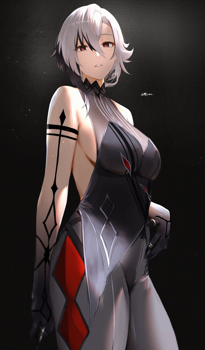 1girl absurdres arlecchino_(genshin_impact) black_background black_dress black_eyes black_hair black_hands breasts colored_extremities commentary dress english_commentary genshin_impact grey_dress grey_hair hair_between_eyes highres jewelry large_breasts looking_at_viewer multicolored_hair multiple_rings mymzi parted_lips red_pupils ring short_hair sideboob sleeveless sleeveless_dress solo streaked_hair symbol-shaped_pupils twitter_username x-shaped_pupils