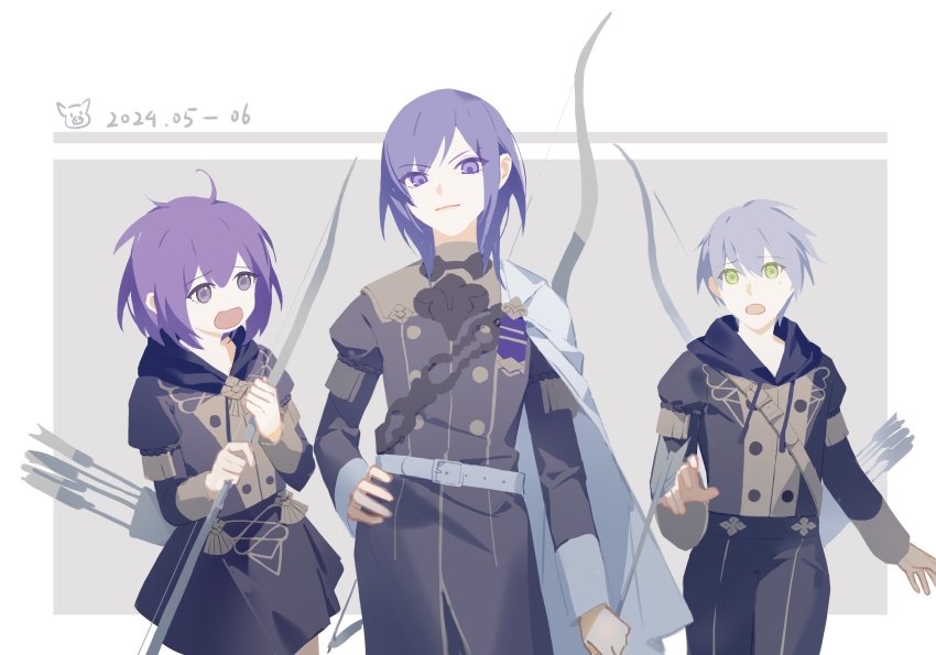 1girl 2boys absurdres arms_up arrow_(projectile) ashe_ubert bernadetta_von_varley black_skirt bow_(weapon) brown_eyes cape chinese_commentary clenched_hands commentary_request contrapposto dated drawstring fire_emblem fire_emblem:_three_houses garreg_mach_monastery_uniform green_eyes grey_hair hair_behind_ear hand_on_own_hip highres hood hood_down jacket light_smile looking_at_another multiple_boys nintendo open_mouth outstretched_arm pants parted_bangs pleated_skirt purple_eyes purple_hair qaqua quiver school_uniform side_cape skirt sleeve_cuffs standing weapon weapon_on_back white_cape yuri_leclerc