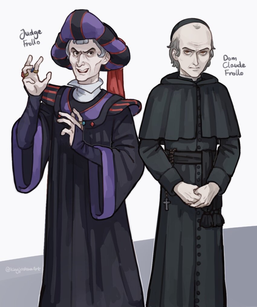 2boys balding black_hat black_robe black_sash character_name claude_frollo closed_mouth commentary cross dual_persona english_commentary feet_out_of_frame grey_background grey_hair hands_up hat highres jewelry kingjoshua latin_cross looking_at_viewer male_focus multiple_boys open_mouth own_hands_together priest purple_hat purple_trim ring robe sash smile teeth the_hunchback_of_notre_dame two-tone_background two-tone_headwear upper_teeth_only white_background wide_sleeves