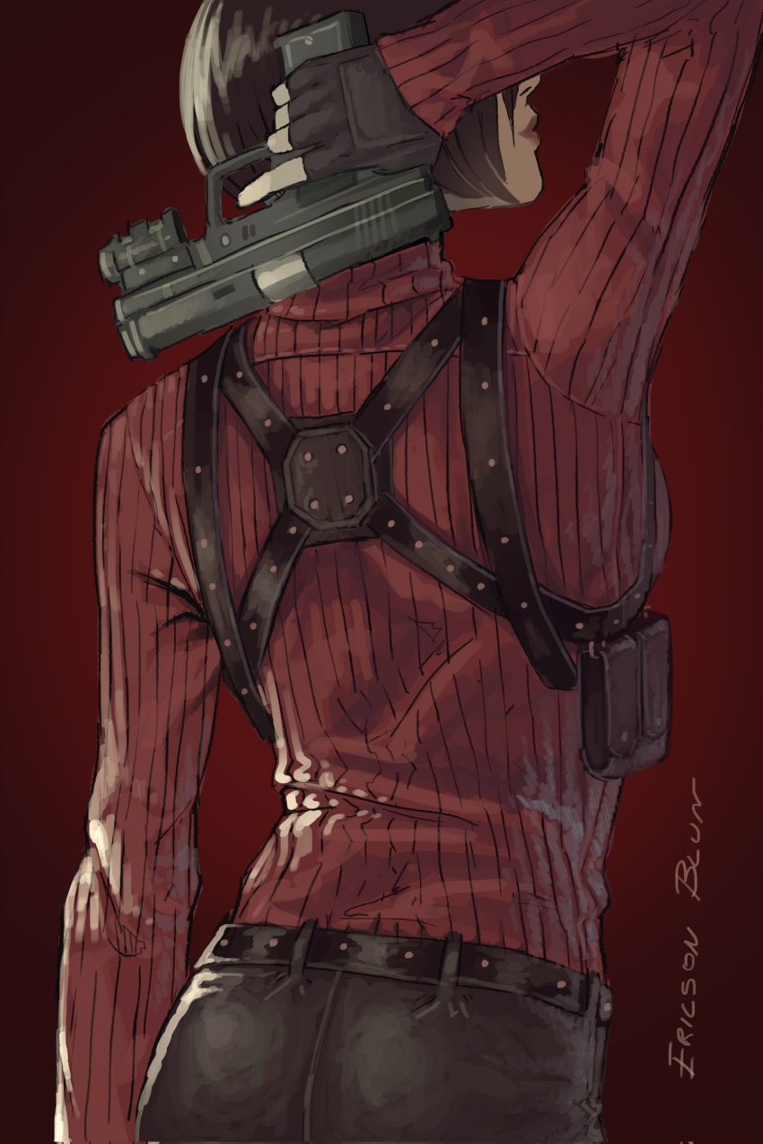 1girl ada_wong arm_behind_head arm_up ass belt black_gloves black_hair black_pants commentary english_commentary ericson_blum fingerless_gloves flat_ass fn_five-seven from_behind gloves gun handgun highres holding holding_gun holding_weapon holster laser_sight lips pants pdw-caliber_pistol pistol red_background red_sweater resident_evil resident_evil_4 resident_evil_4_(remake) ribbed_sweater short_hair shoulder_holster solo sweater trigger_discipline turtleneck turtleneck_sweater weapon