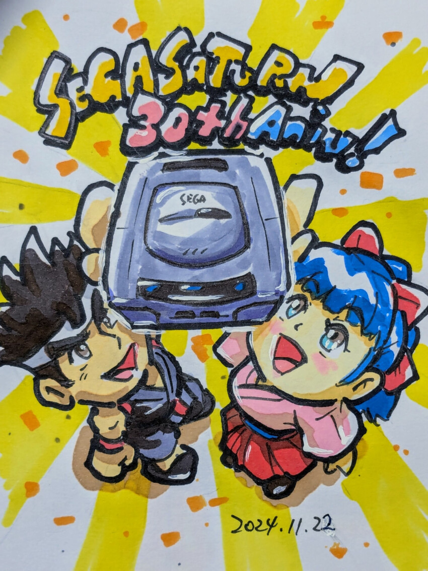 1boy 1girl arm_up black_hair blue_eyes blue_hair bow breasts brown_eyes crossover dated english_text game_console hair_ribbon headband highres japanese_clothes legs long_skirt medium_breasts open_mouth pointy_hair red_bow ribbon sakura_taisen sega sega_saturn shinguuji_sakura skirt smile thighs tongue traditional_media virtua_fighter yuki_akira