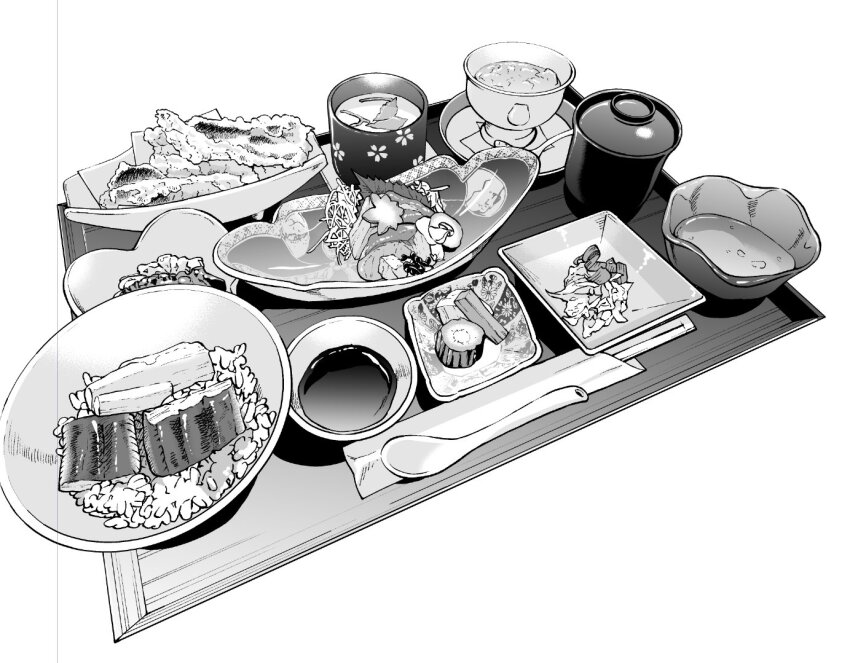 bowl chopsticks commentary_request cutlery fish_(food) food greyscale machi_(ritovoyage) monochrome no_humans original plate rice sashimi soup soy_sauce spoon tempura tray white_background
