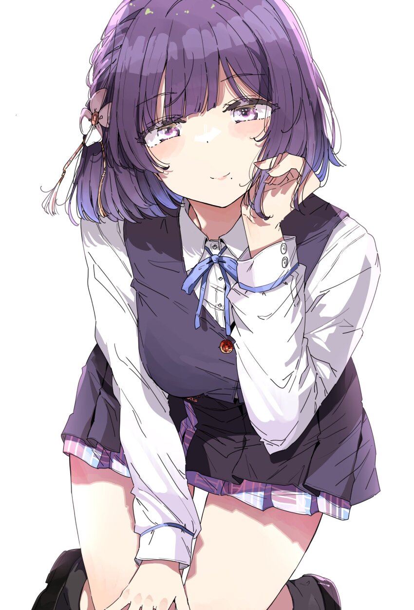 1girl black_overskirt black_vest blue_ribbon blue_skirt blush breasts gakuen_idolmaster hataya_misuzu highres idolmaster kneeling long_sleeves looking_at_viewer medium_breasts mole mole_under_mouth neck_ribbon nyoijizai pleated_skirt purple_hair ribbon shirt short_hair simple_background skirt skirt_set smile solo vest white_background white_shirt