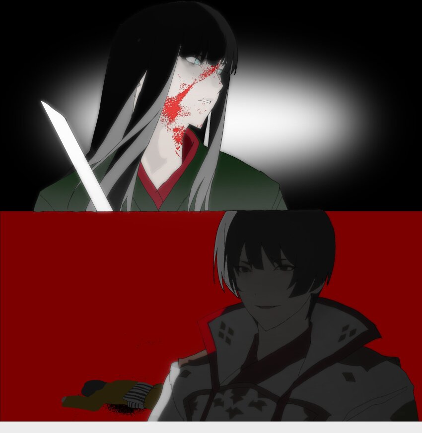 1boy 2girls asahi_sas_brutus black_background black_eyes black_hair blood blood_on_face blue_eyes brother_and_sister corpse final_fantasy final_fantasy_xiv green_kimono highres holding holding_knife hyur japanese_clothes jidappeng kimono knife long_hair looking_to_the_side multiple_girls parted_lips red_background short_hair siblings yotsuyu_goe_brutus