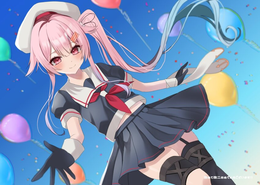 1girl balloon black_gloves black_shirt black_skirt black_thighhighs blue_background blurry blush closed_mouth colored_tips commentary_request depth_of_field garter_straps gloves harusame_(kancolle) harusame_kai_ni_(kancolle) hat highres kantai_collection long_hair looking_at_viewer midriff_peek multicolored_hair neckerchief pink_eyes pink_hair red_neckerchief school_uniform shirt side_ponytail single_thighhigh skirt smile solo thighhighs white_hat yoshino_(mfmfpng)