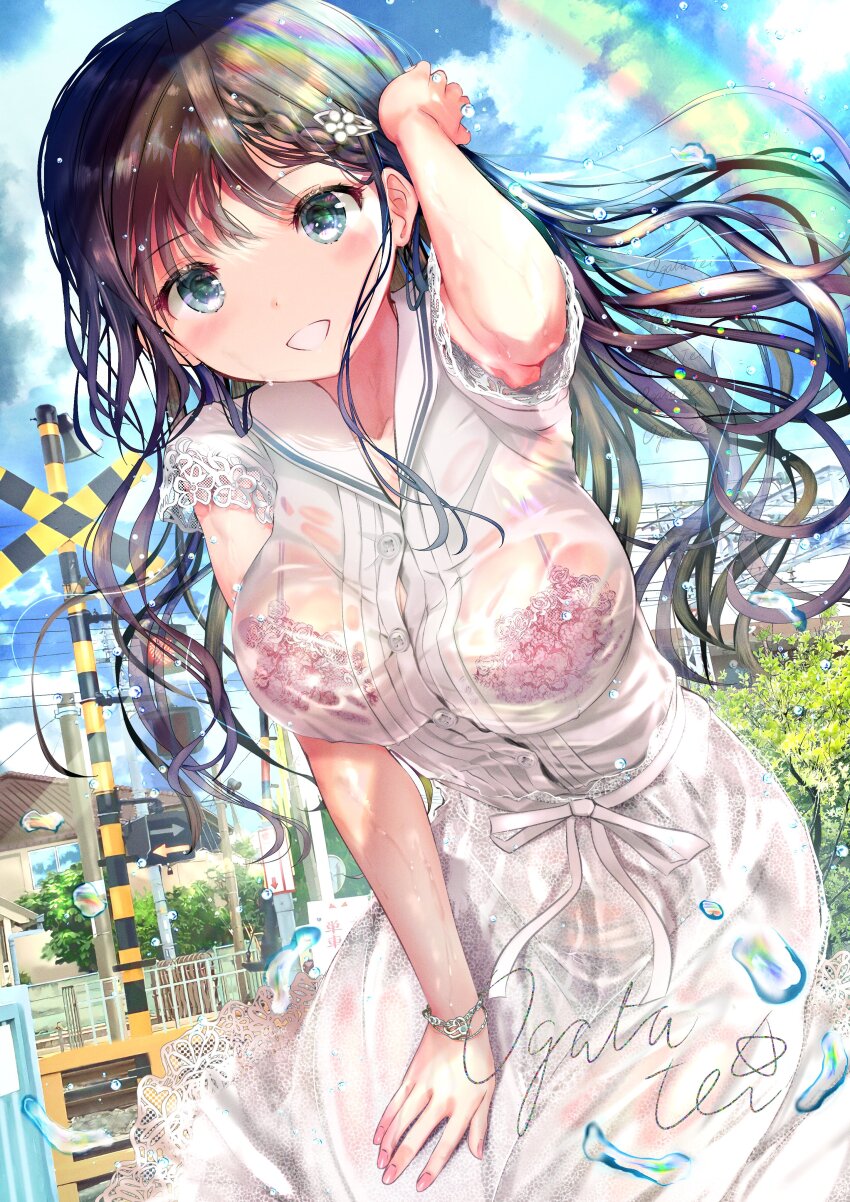 1girl absurdres blue_eyes blush bra braid breasts brown_hair cloud cloudy_sky cowboy_shot day dress dripping grin hand_on_own_thigh highres lace_dress lace_sleeves leaning_forward light_particles long_hair looking_at_viewer medium_breasts ogata_tei original outdoors pink_bra pink_nails railroad_crossing rainbow see-through_clothes see-through_dress short_sleeves signature sky smile solo sunlight underwear wet wet_clothes white_dress wind