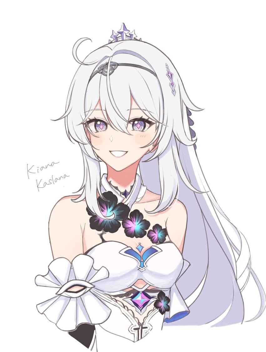 1girl absurdres ahoge bare_shoulders black_flower breasts character_name cleavage commentary cropped_torso dress flower hair_between_eyes high_ponytail highres honkai_(series) honkai_impact_3rd kiana_kaslana kiana_kaslana_(herrscher_of_finality) long_hair looking_at_viewer ponytail purple_eyes sazisazi50 simple_background smile solo very_long_hair white_background white_dress white_hair