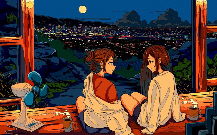 2girls artdroiiid_ii blue_shorts brown_eyes brown_hair cable city city_lights cityscape closed_mouth cloud coffee coffee_mug commentary cup electric_fan english_commentary eye_contact from_behind full_moon green_eyes grin hair_bun highres hill jacket long_hair long_sleeves looking_at_another moon mountainous_horizon mug multiple_girls night night_sky off_shoulder original parted_lips red_shirt scenery shirt short_sleeves shorts sidelocks sideways_mouth sitting sky sleeves_past_wrists smile steam steaming_food straight_hair sweater t-shirt veranda white_jacket white_sweater yuri