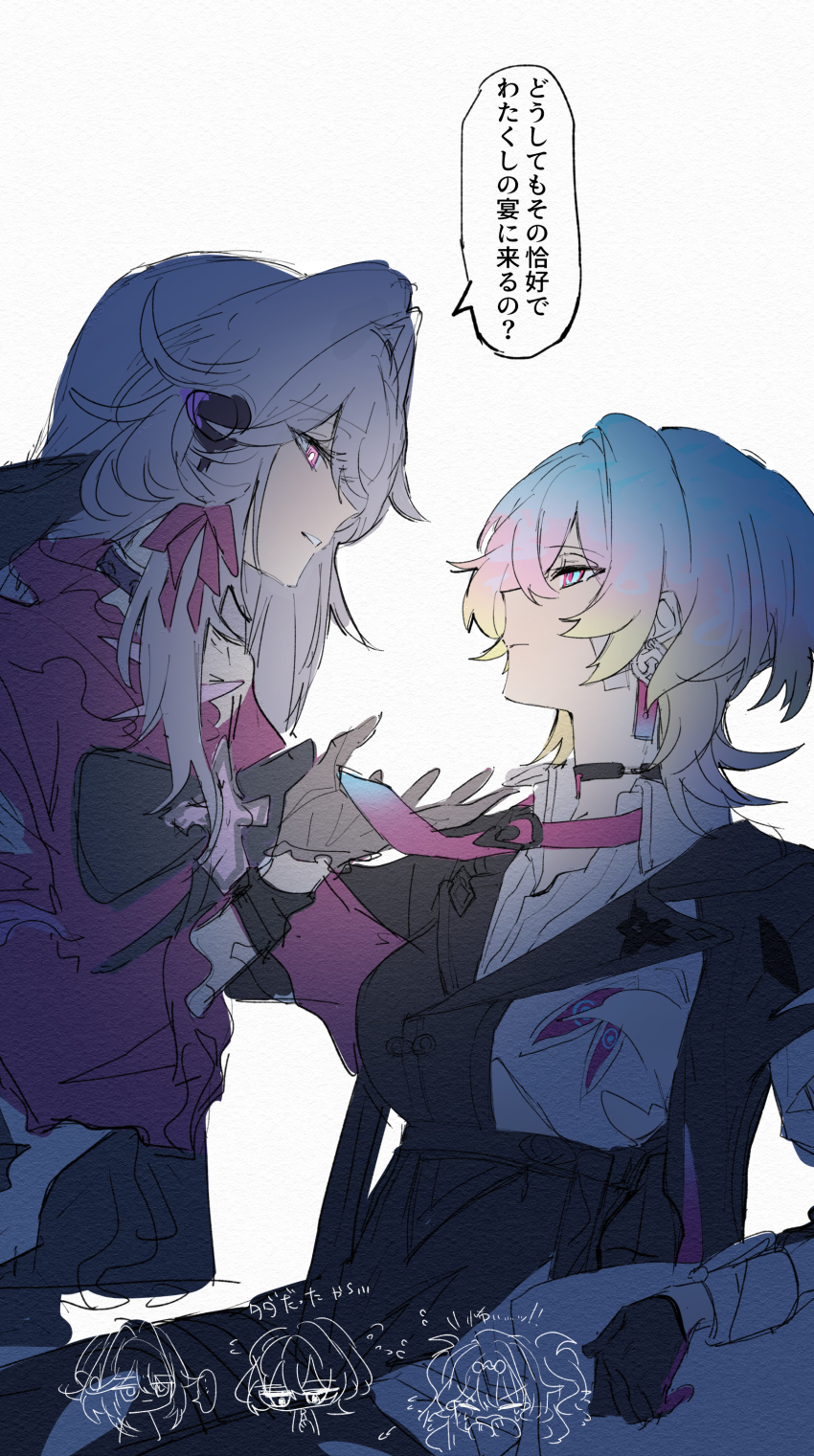 3girls absurdres black_choker black_gloves black_jacket blonde_hair blue_hair choker clothes_grab commentary_request eye_contact gloves highres honkai_(series) honkai_impact_3rd jacket lantern_(honkai_impact) long_hair looking_at_another medium_hair moonsun77773 multicolored_hair multiple_girls necktie necktie_grab neckwear_grab pink_hair red_jacket side_horn songque songque_(astralop) thelema_nutriscu thelema_nutriscu_(mad_pleasure:_shadowbringer) translation_request white_hair