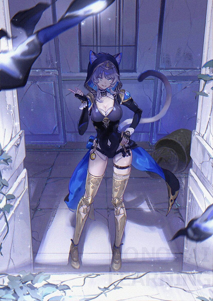 1girl absurdres animal_ears animal_hood belt black_gloves black_hood blue_eyes boots bow breasts cat_ears cat_girl cat_hood cat_tail cipher_(honkai:_star_rail) cleavage fingerless_gloves full_body gloves gold_boots grey_hair hair_bow hand_on_own_hip highres hitohachan honkai:_star_rail honkai_(series) hood long_sleeves looking_at_viewer mole mole_on_chest parted_lips short_hair smile solo standing tail thigh_belt thigh_boots thigh_strap white_bow yellow_nails