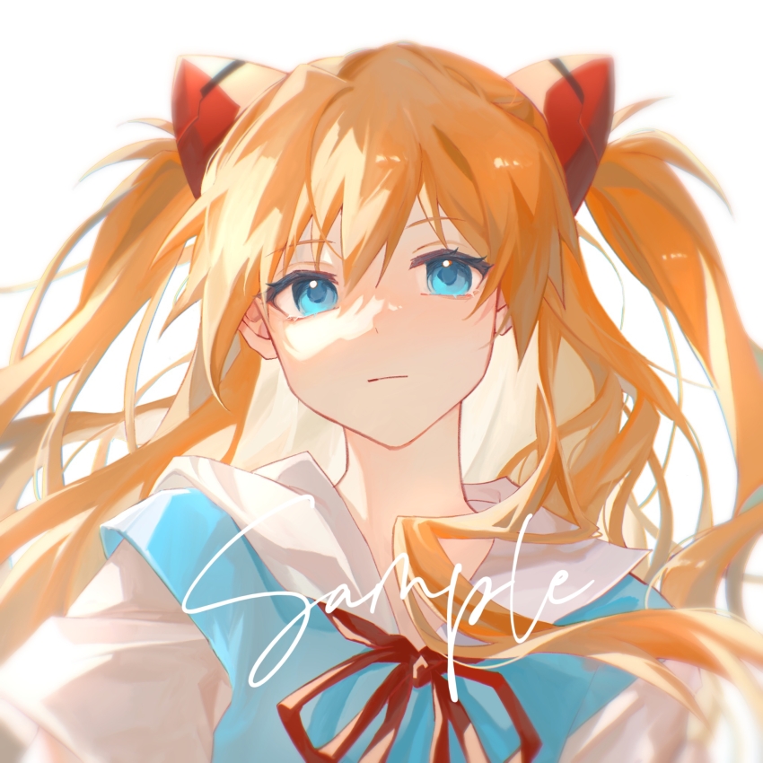 1girl blonde_hair blue_eyes blue_vest chinese_commentary closed_mouth commentary_request hair_between_eyes highres hotaru_gugugu long_hair looking_at_viewer neck_ribbon neon_genesis_evangelion portrait red_ribbon ribbon sailor_collar sample_watermark shirt simple_background solo souryuu_asuka_langley vest watermark white_background white_sailor_collar white_shirt