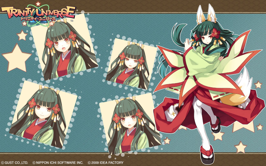 00s 1girl 2009 :&lt; angry animal_ears blue_background blush multiple_expressions female_focus fox_ears fox_tail green_hair gust hair_ornament happy highres hime_cut japanese_clothes multiple_persona nippon_ichi official_art official_wallpaper open_mouth pantyhose red_eyes smile solo surprised tail trinity_universe tsubaki_(trinity_universe) tsunako white_pantyhose yellow_eyes