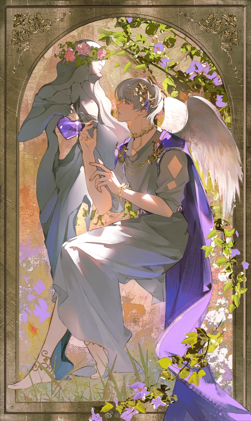 1boy absurdres anklet belt blunt_bangs branch cape charlie_su denpa0304 feathered_wings flower flower_wreath gem grass hair_ornament head_wreath heart heart-shaped_gem highres jewelry leaf light_and_night_love looking_at_object male_focus necklace parted_lips picture_frame pink_flower pink_rose purple_belt purple_cape purple_eyes purple_flower purple_gemstone rose short_hair sitting solo statue white_hair white_wings wings