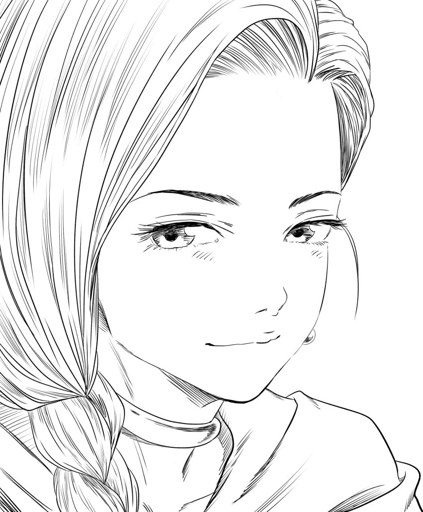 1girl bianca_(dq5) blush braid choker closed_mouth dragon_quest dragon_quest_v earrings female_focus greyscale happy highres jewelry lee_(dragon_garou) long_hair looking_at_viewer monochrome single_braid smile solo square_enix