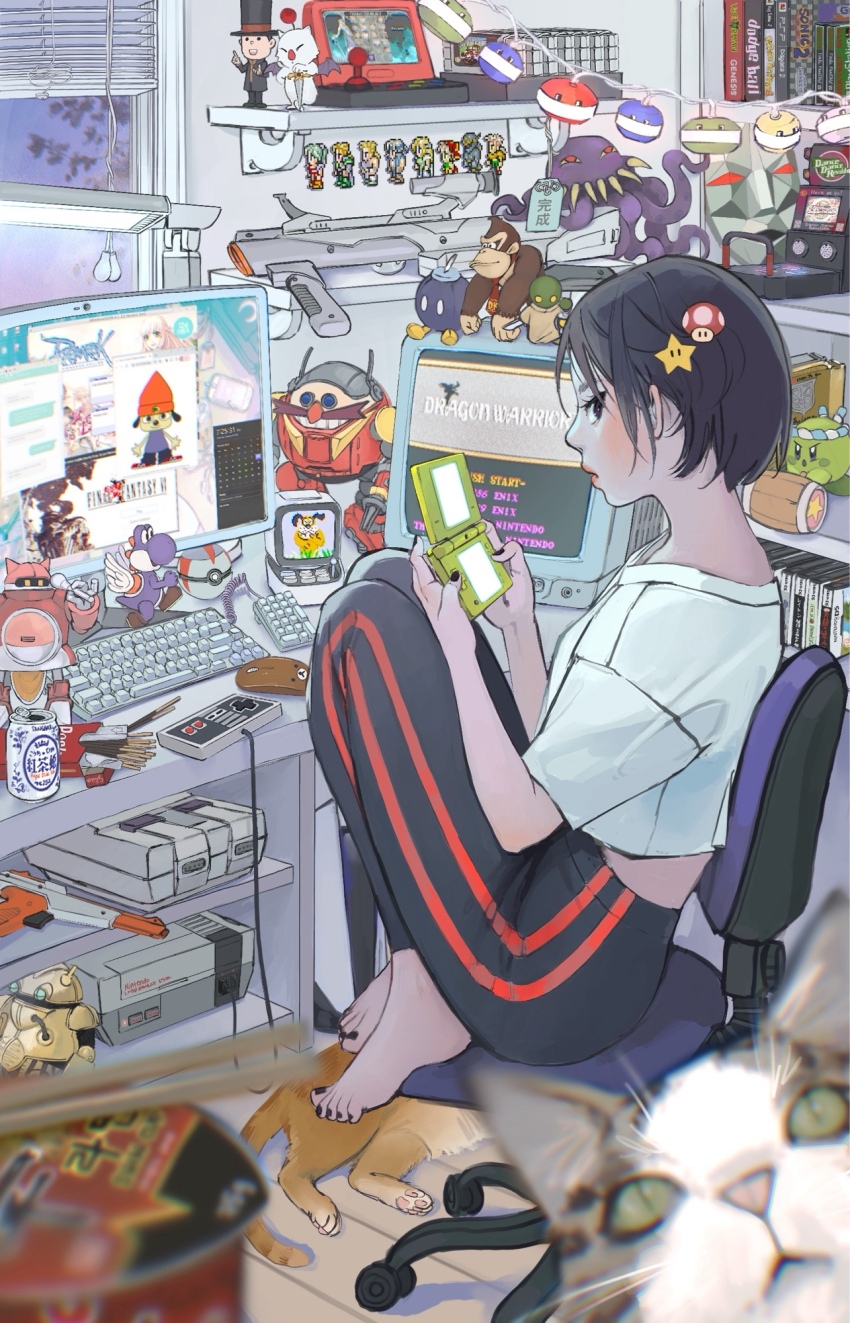 1girl barefoot black_hair black_nails black_pants can chair chopsticks commentary computer_keyboard computer_mouse crop_top crt cup_ramen desk_lamp donkey_kong dr._eggman enerjax english_commentary facing_to_the_side feet_on_chair figure foliage food food-themed_hair_ornament full_body game_cartridge game_console grey_cat hair_ornament handheld_game_console highres holding holding_handheld_game_console indoors knees_up lamp looking_at_viewer mask monitor mushroom_hair_ornament nail_polish nes nes_gamepad nintendo_dsi office_chair on_chair orange_cat original pants parted_lips photobomb playing_games pocky poke_ball profile purple_sky shirt short_hair sitting sky solo star_(symbol) star_hair_ornament string_of_light_bulbs swivel_chair toenail_polish toenails toy_gun white_shirt window window_blinds yoga_pants yoshi