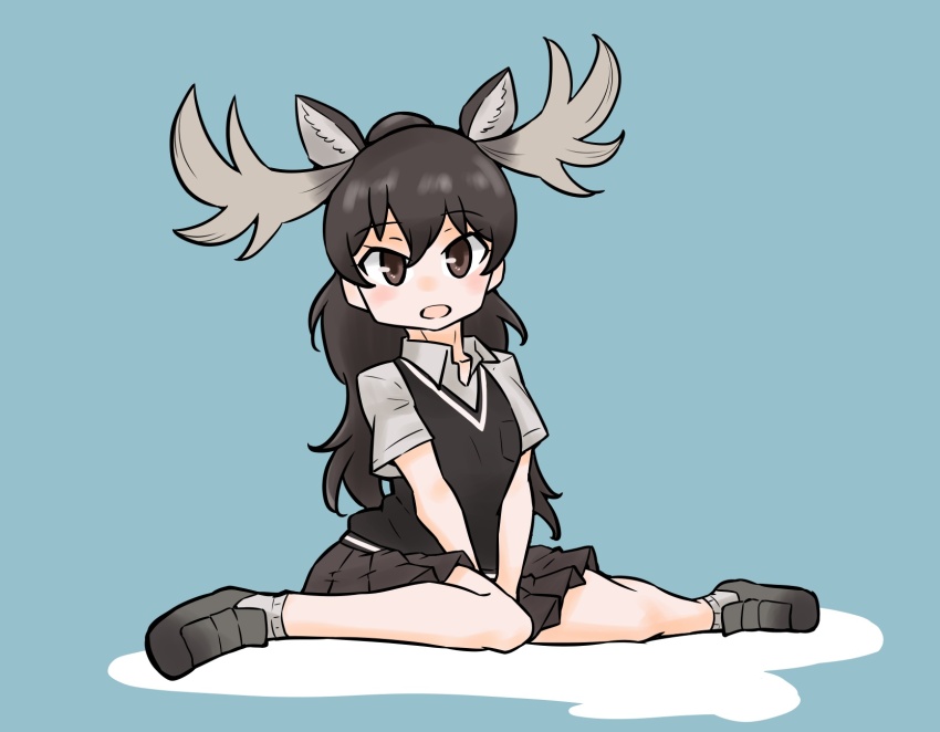 adapted_costume alternate_hairstyle animal_ears antlers blush brown_eyes brown_shoes brown_skirt brown_vest collared_shirt extra_ears gravi_pig4891 hair_between_eyes hands_on_lap highres horns kemono_friends loafers looking_at_viewer moose_(kemono_friends) moose_antlers moose_ears moose_girl open_mouth pleated_skirt ponytail shirt shoes short_sleeves sidelocks sitting skirt socks vest white_shirt white_socks