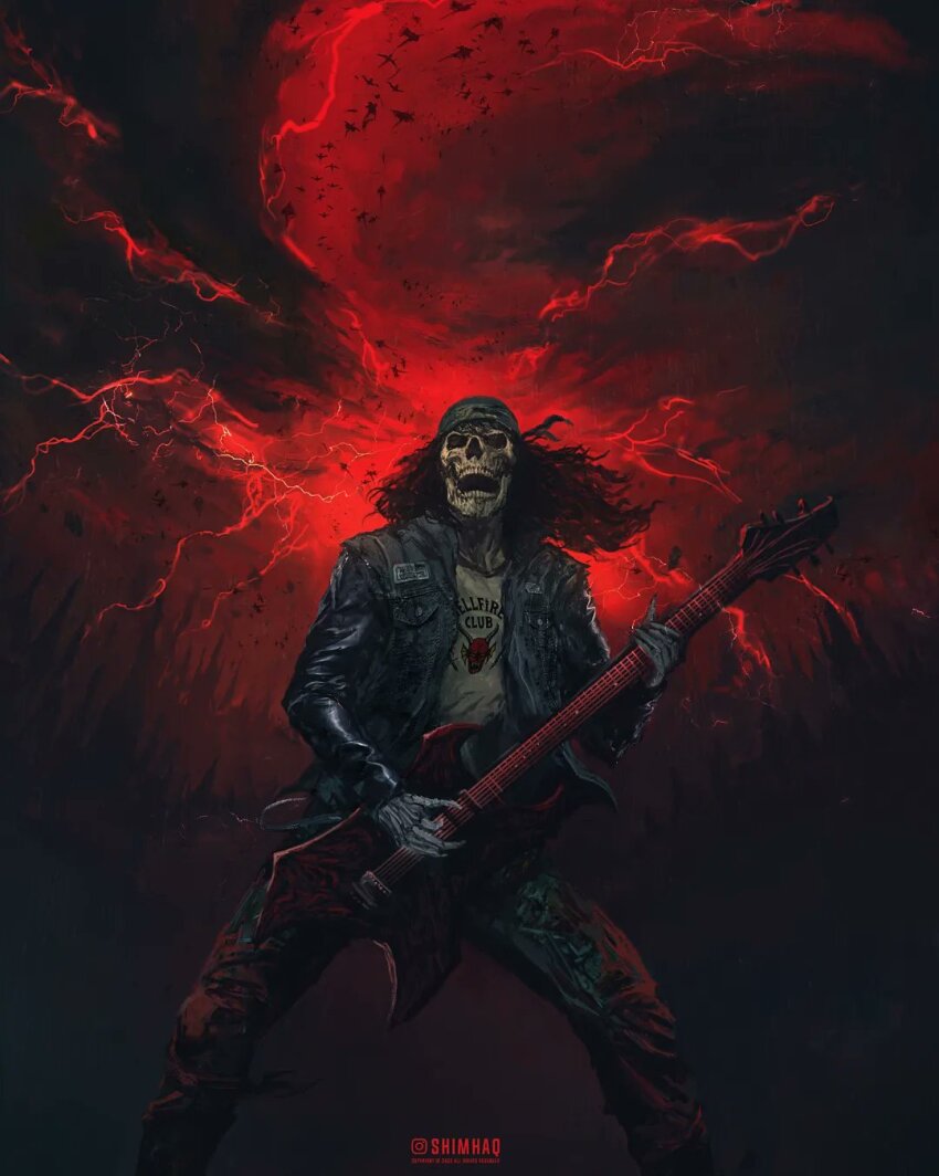 1boy bandana black_hair blue_bandana blue_jacket denim denim_jacket eddie_munson electric_guitar flying forest guitar heavy_metal highres holding holding_instrument instrument jacket jeans long_hair looking_at_viewer male_focus messy_hair nature pants red_lightning shimhaq skeleton skull smile solo stranger_things torn_clothes torn_jeans torn_pants