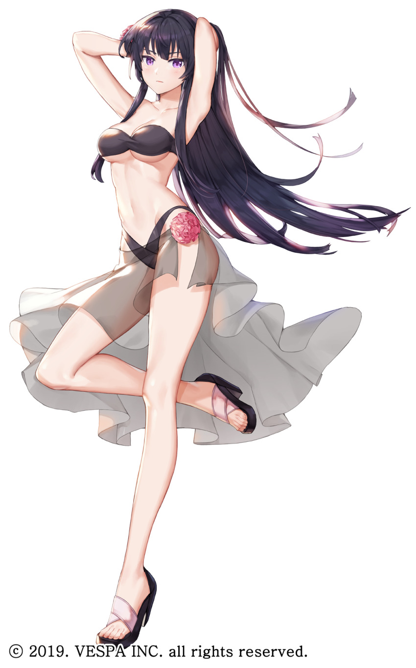 1girl armpits arms_behind_head arms_up bandeau bare_arms bare_legs bare_shoulders bikini black_bikini black_hair black_sandals breasts cleavage closed_mouth collarbone commentary_request floating_hair full_body high_heel_sandals high_heels highleg highleg_bikini highres hwansang_jungdog king&#039;s_raid korean_commentary large_breasts leg_up long_hair looking_at_viewer mixed-language_commentary navel official_art partial_commentary purple_eyes sandals sarong see-through_clothes see-through_sarong seria_(king&#039;s_raid) sidelocks solo standing standing_on_one_leg stomach strapless strapless_bikini swimsuit thighs transparent_background very_long_hair wristband