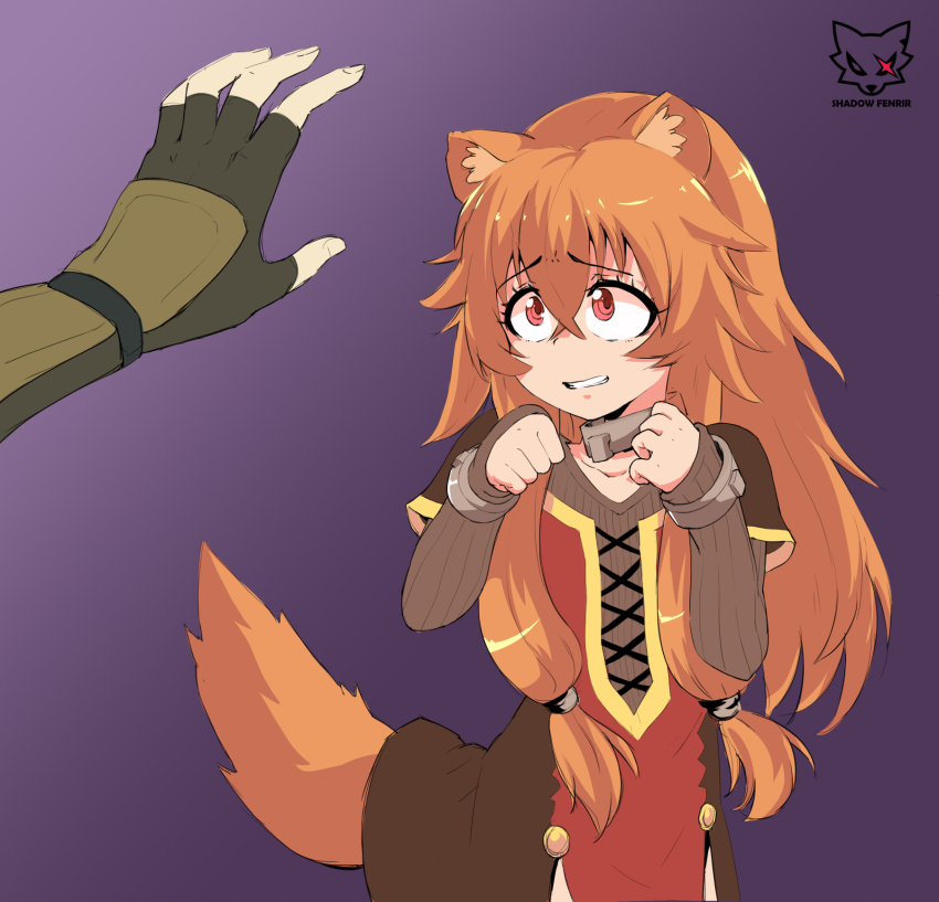 1girl animal_ear_fluff animal_ears armored_gloves artist_logo artist_name black_dress brown_gloves child collar collarbone commentary_request dress eyelashes fingerless_gloves flat_chest gloves grin hair_between_eyes hair_tubes hands_up highres iwatani_naofumi layered_dress logo long_hair long_sleeves looking_at_hand messy_hair metal_collar metal_wrist_cuffs open_mouth orange_hair out_of_frame purple_background raccoon_ears raccoon_girl raccoon_tail raphtalia red_dress red_eyes scared shadowfenrir short_sleeves signature smile solo striped_clothes striped_dress tail tate_no_yuusha_no_nariagari two-tone_dress upper_body variant_set vertical-striped_clothes vertical-striped_dress