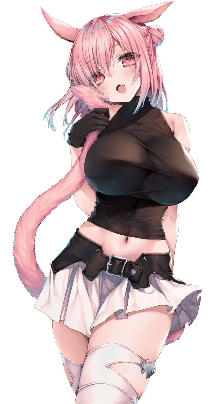 1girl animal_ears warrior_of_light_(ff14) blush breasts cat_ears cat_girl cat_tail detached_collar double_bun facial_mark final_fantasy final_fantasy_xiv hair_bun highres hime_gyo large_breasts looking_at_viewer miqo&#039;te navel open_mouth pink_eyes pink_hair pink_tail pleated_skirt short_hair simple_background skirt smile solo tail thighhighs thighs white_background white_thighhighs