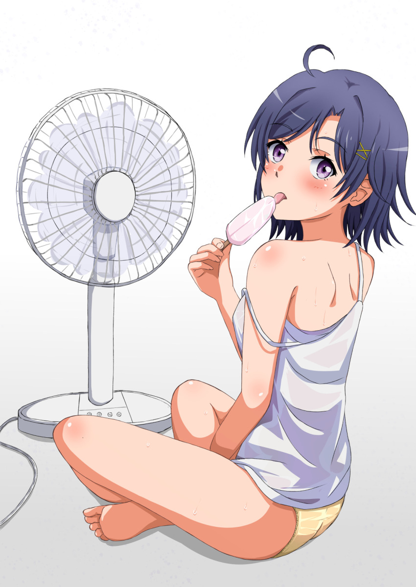 1girl ahoge ass bare_shoulders barefoot blue_hair blush camisole commentary_request electric_fan food from_behind full_body gradient_background grey_background hair_ornament highres hikigaya_komachi holding holding_food holding_ice_cream ice_cream indian_style konoyan licking looking_at_viewer looking_back panties purple_eyes short_hair shoulder_blades sitting solo spaghetti_strap strap_slip thighs toes tongue tongue_out underwear white_camisole x_hair_ornament yahari_ore_no_seishun_lovecome_wa_machigatteiru. yellow_panties