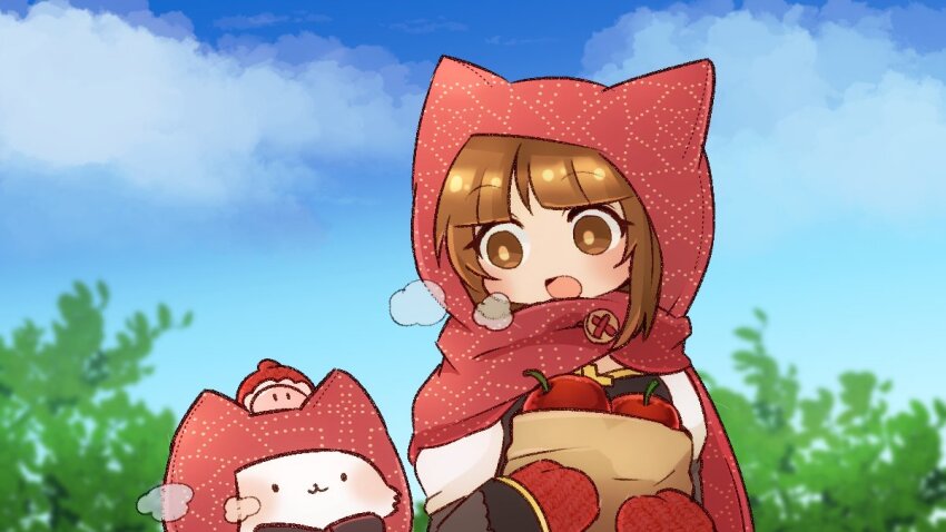2girls :3 animal_ears apple arch_bishop_(ragnarok_online) bag black_dress blue_sky blunt_bangs breath brown_eyes brown_hair cat_ears cat_girl cloud commentary_request day dress food fruit furry furry_female holding holding_bag hood hood_up long_hair looking_at_another looking_to_the_side mittens multiple_girls open_mouth outdoors paper_bag pochiko_(poteko) poring ragnarok_online red_hood red_mittens sky slime_(creature) summoner_(ragnarok_online) tree upper_body