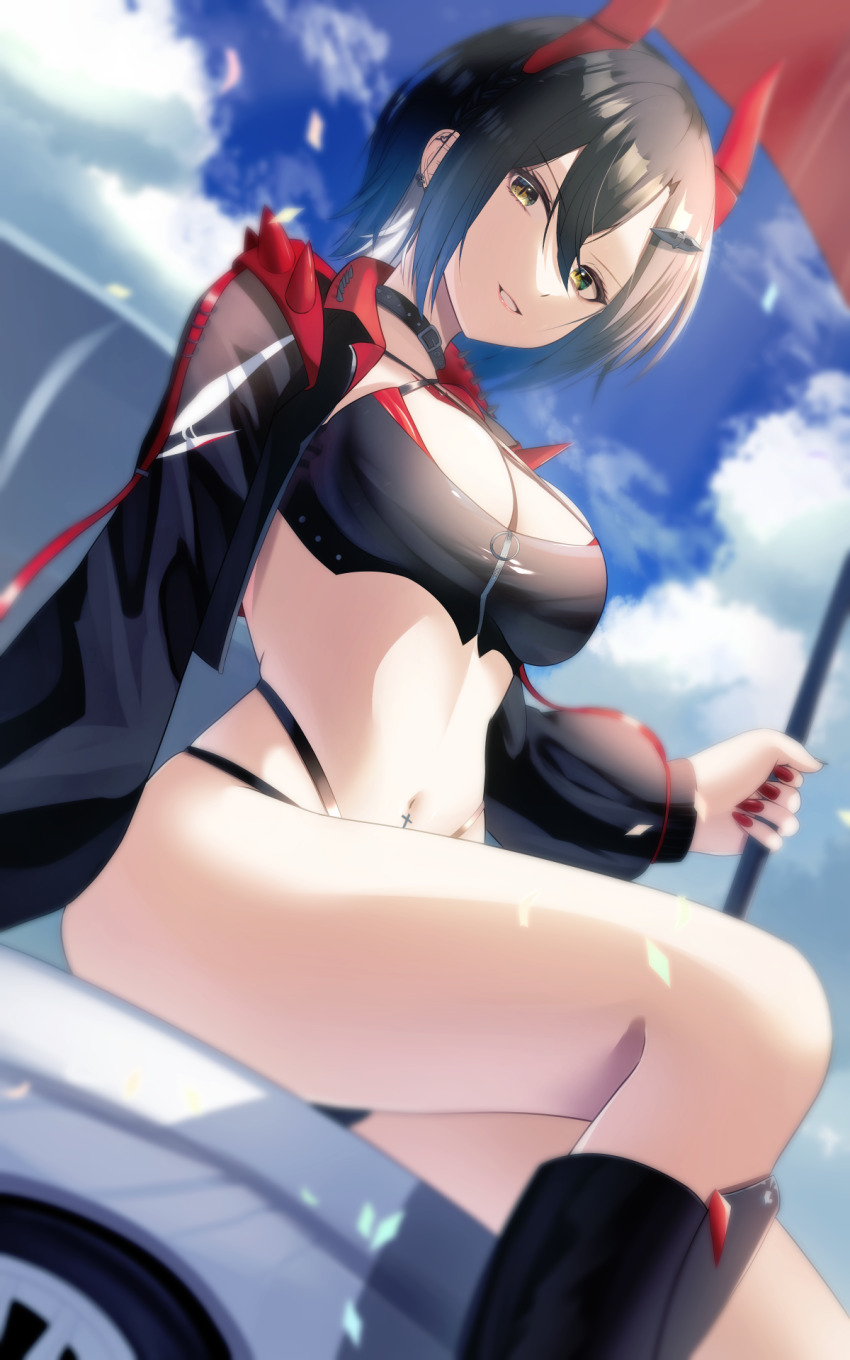 1girl azur_lane bikini black_bikini black_boots black_choker black_hair black_jacket blue_hair blue_sky boots breasts car choker cleavage cloud commentary_request cowboy_shot criss-cross_halter cropped_jacket cross day dutch_angle ear_piercing flag gradient_hair hair_between_eyes halterneck highres holding holding_flag horns jacket knee_boots large_breasts long_sleeves looking_at_viewer mechanical_horns motor_vehicle multicolored_hair nail_polish navel navel_piercing official_alternate_costume on_car open_clothes open_jacket outdoors parted_lips piercing race_queen red_horns red_nails short_hair sidelocks sitting sky smile solo stomach swimsuit tako-san_wiener_(takosanuma) ulrich_von_hutten_(azur_lane) ulrich_von_hutten_(ignition_matrician)_(azur_lane) white_hair yellow_eyes